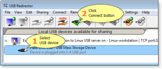 在 USB Redirector 中连接远程 USB 设备