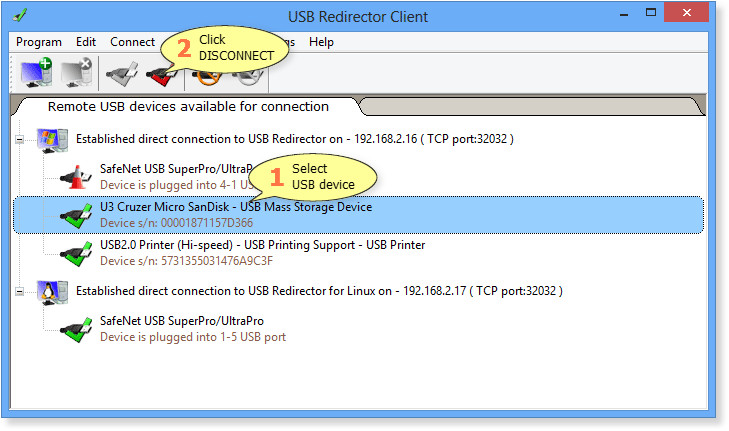 断开远程 USB 设备