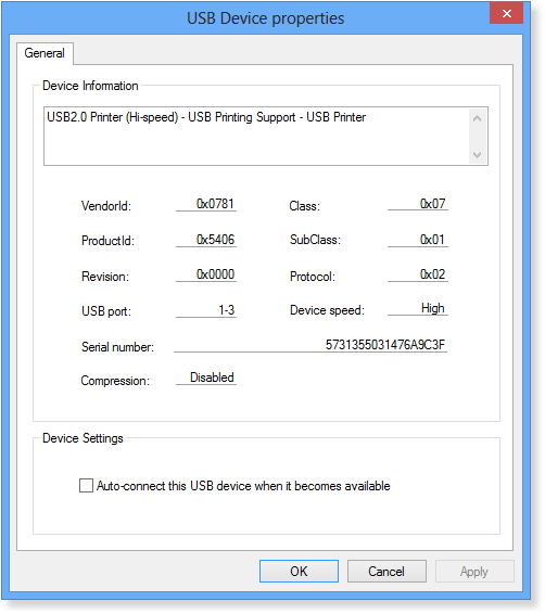 本地 USB 设备属性