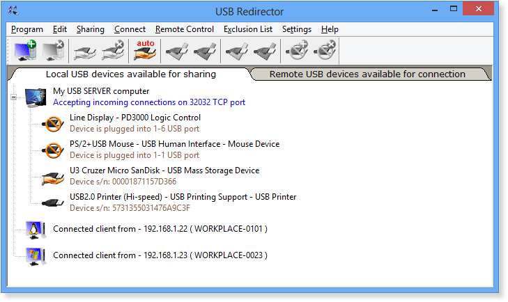 USB Redirector 主窗口 - 本地设备