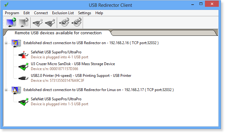 USB Redirector 主窗口 - 远程设备